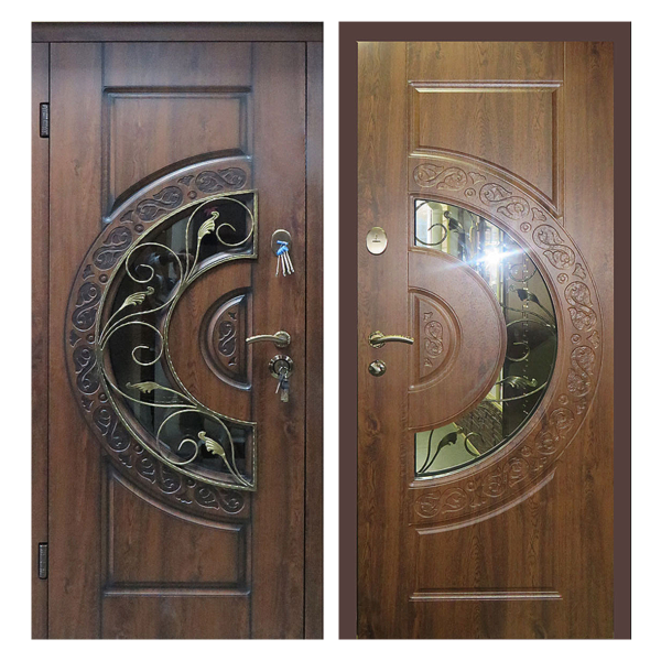 Входная металлическая дверь MRSК-004 (МДФ панели + стеклопакет + ковка)