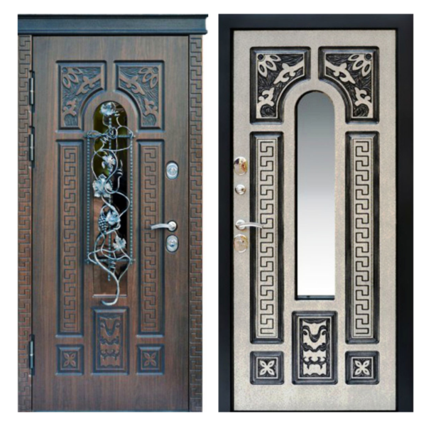 Входная металлическая дверь MRSК-008 (МДФ панели + стеклопакет + ковка)