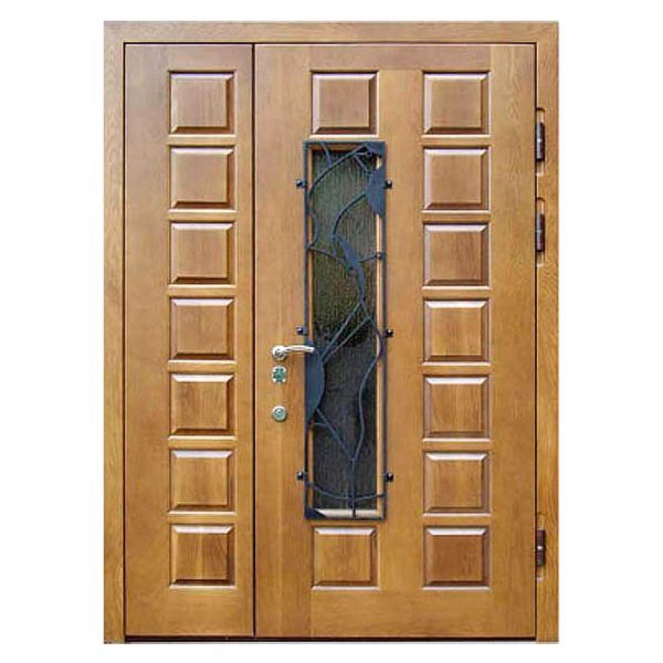 Парадная входная металлическая дверь PD-005 (массив дуба + стеклопакет + ковка)