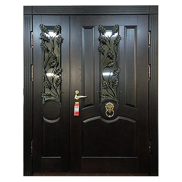 Парадная входная металлическая дверь PD-009 (массив дуба + стеклопакет + ковка)